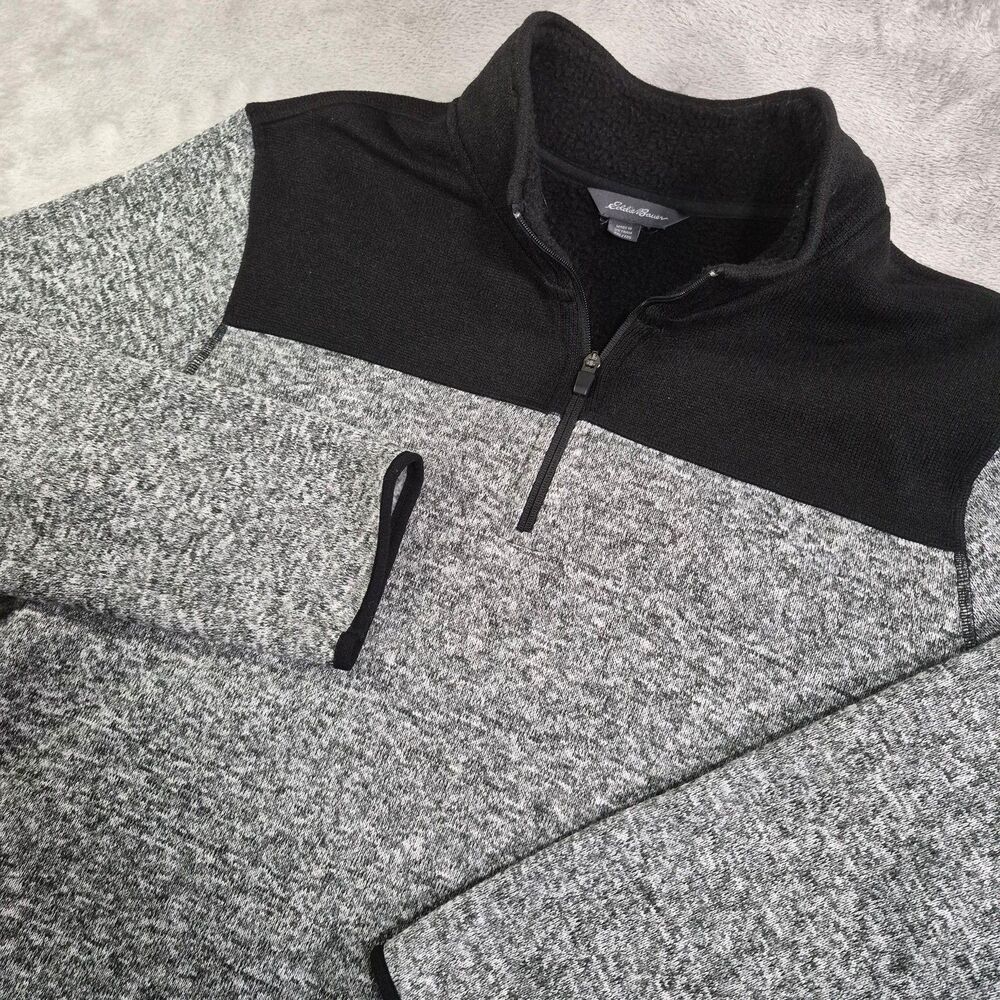 Eddie Bauer Sweater Mens 2XL Gray Black 1/4 Zip Fleece Pullover Long Sleeve